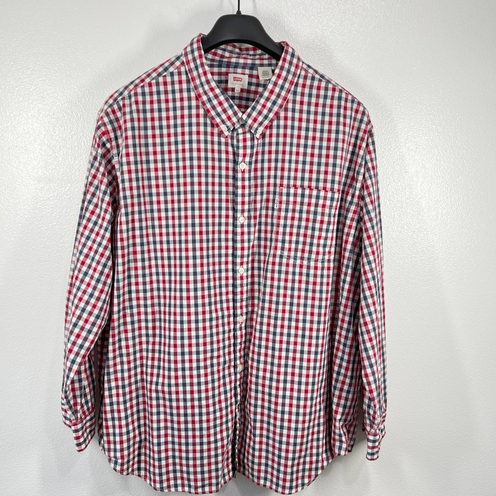 Levi's Button Down Shirt Red White & Blue Gingham Check Long Sleeve‎ Cotton 4XL